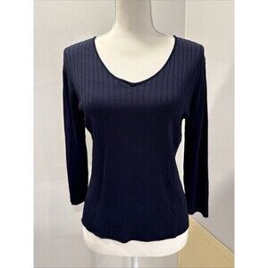 Lou Lou Dark Blue Ribbed Top Shirt 3/4 Sleeve Size Medium